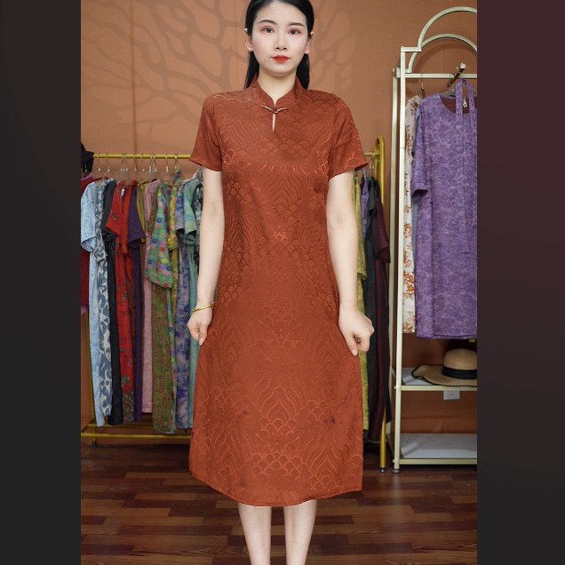 【红棕旗袍】国风妈妈装宽松连衣裙高档中年女装夏季优雅气质长裙