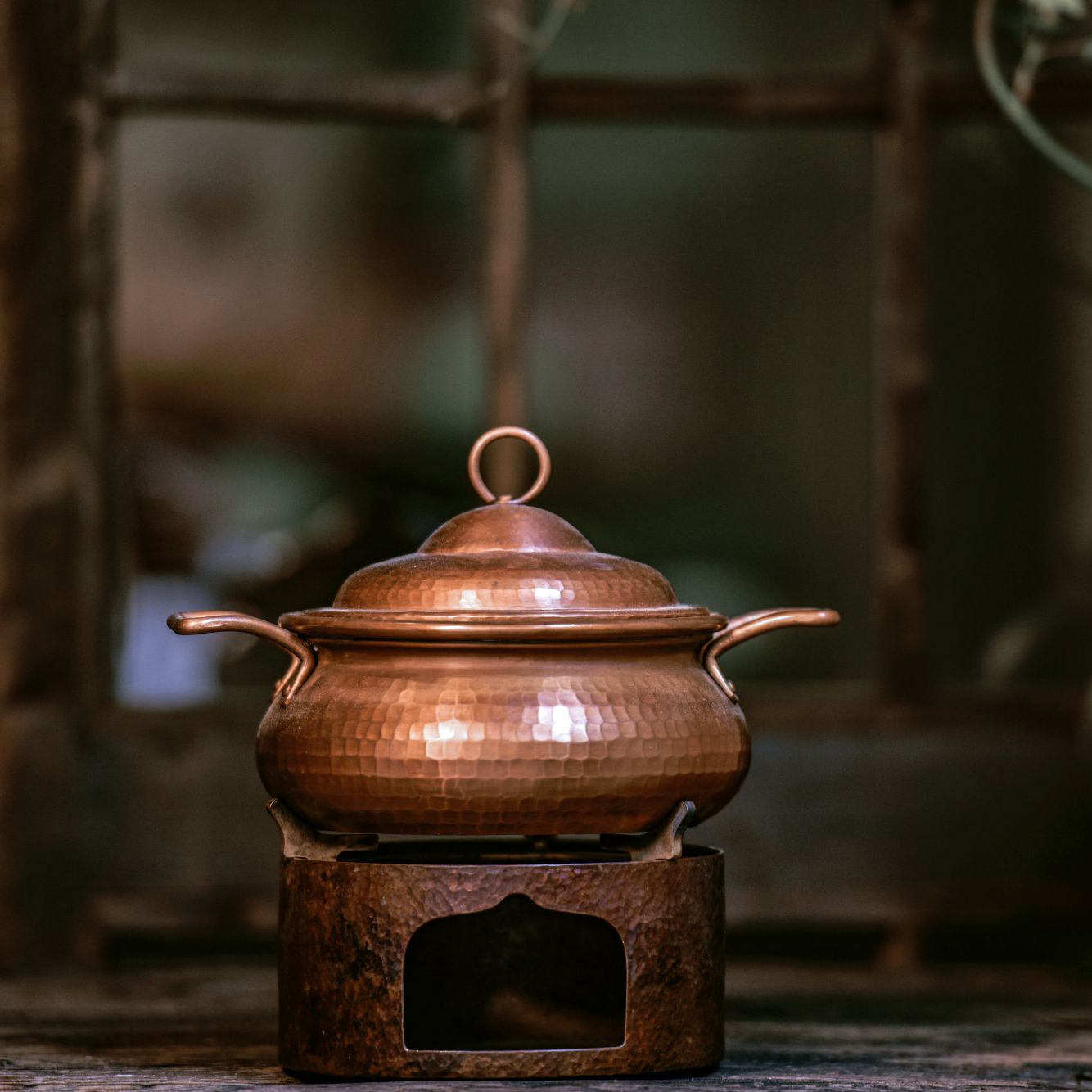 春喜铜【送货上门】T2紫铜手工做旧单人小火锅套组铜锅+铜炉1.28L