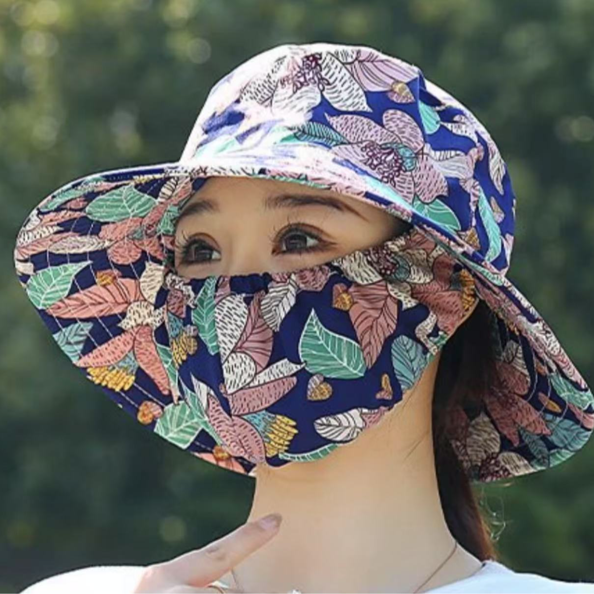 新款防晒帽子女遮阳帽口罩一体夏季紫外线透气防尘遮脸户外采茶帽