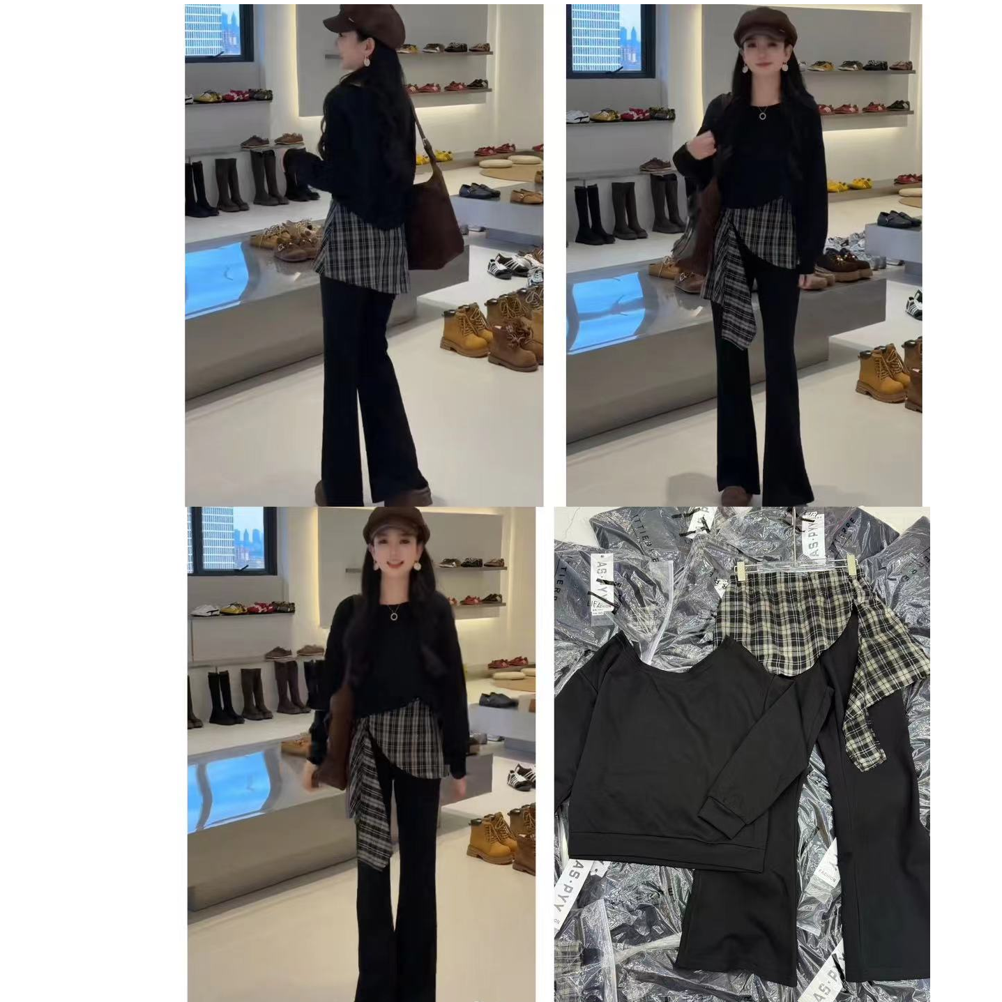 D8512韩系简约黑色斜肩长袖卫衣+假两件微喇叭裤两件套