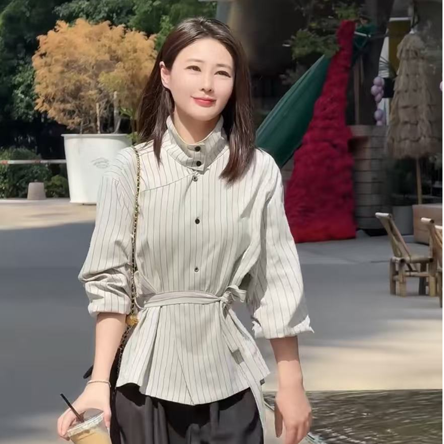 【李多儿】法式设计感不规则条纹翻领衬衫女秋季百搭衬衣98366