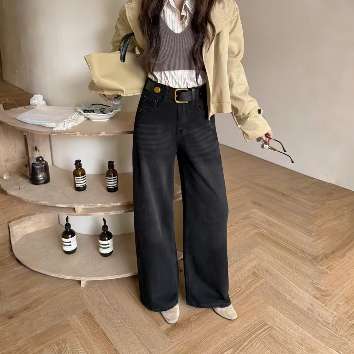 【衣佳精品】2025新款冬款植绒黑色阔腿直筒韩式复古百搭显瘦牛仔裤