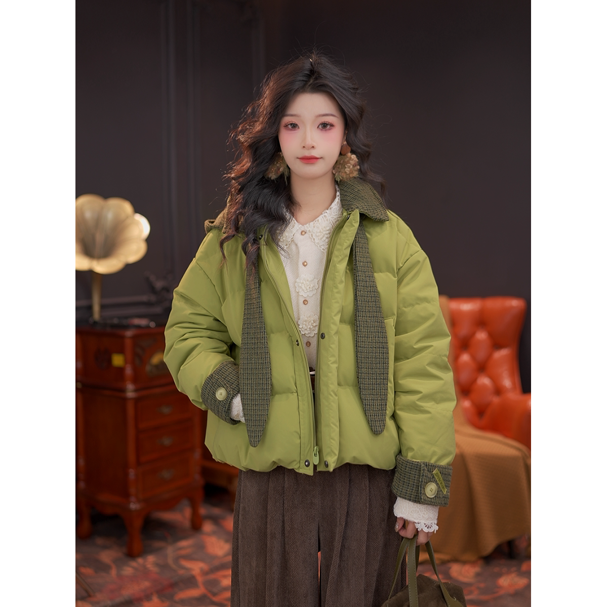 DaYuanSAD思思复古 外出新款外套格纹连帽棉衣保暖棉服女#L15023