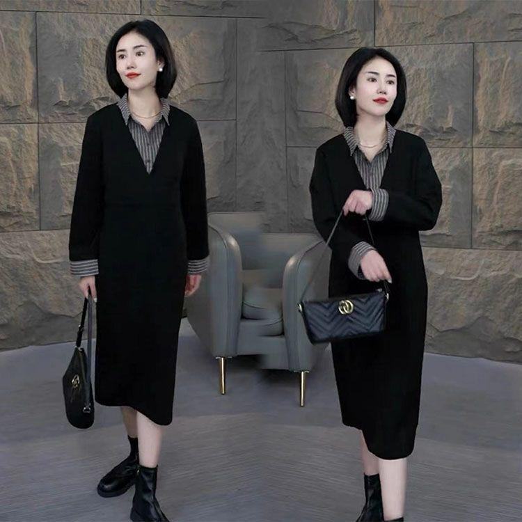 时尚纯色秋冬季连衣裙长袖百搭条纹Polo领纽扣直筒洋气拼接小黑裙