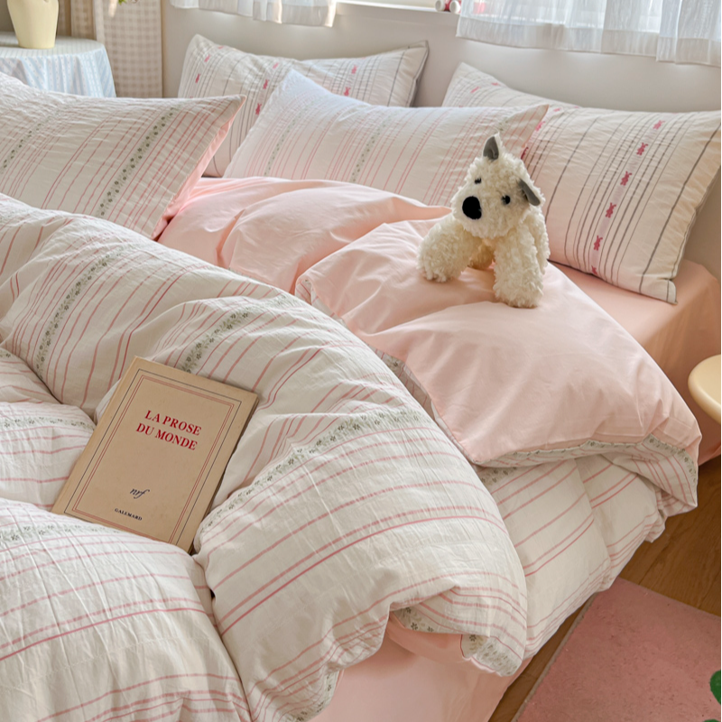 A类全棉色织水洗棉提花四件套100纯棉简约小清新少女心床上用品