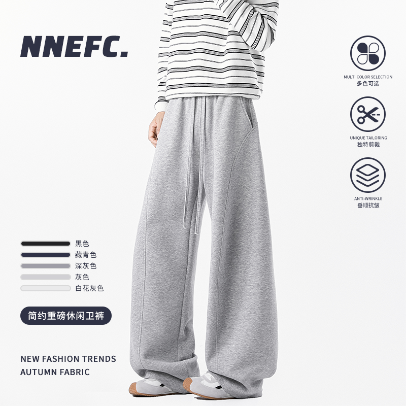NNEFC秋冬新款灰色卫裤男女同款加绒加厚宽松阔腿裤男生休闲裤子