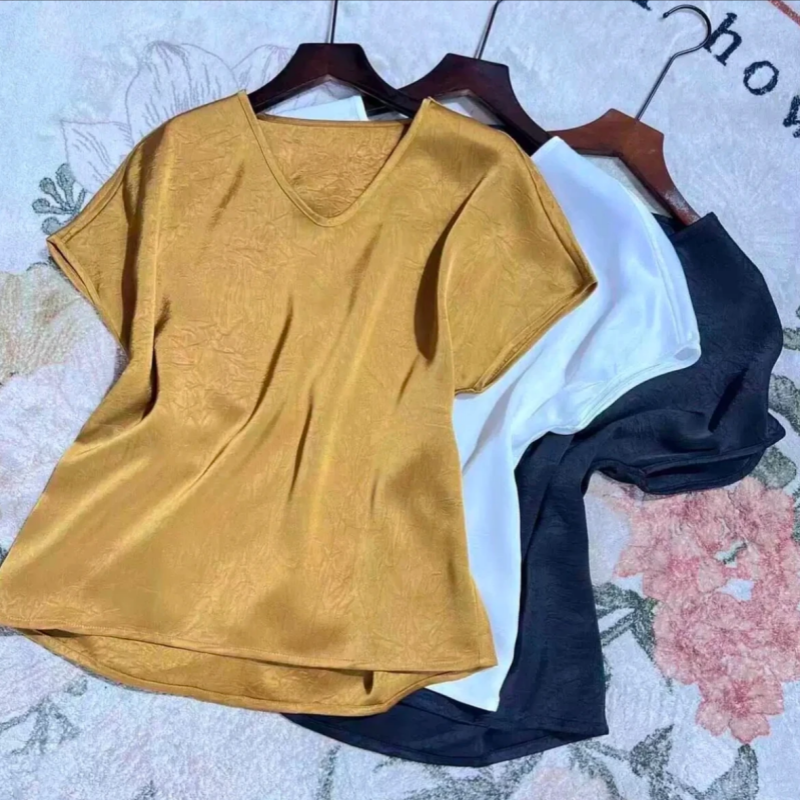 醋酸缎面鹅蛋领衬衫女装短袖t恤夏季新款宽松夏装冰丝短袖