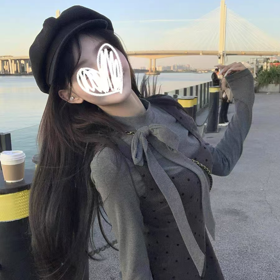 韩国小镇～A甜美减龄蝴蝶结长袖T恤波点背带裙两件套新款时尚套装