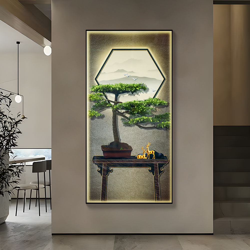 玄关装饰画客厅画铝合金边框油画风格沙发落地画迎客松80160