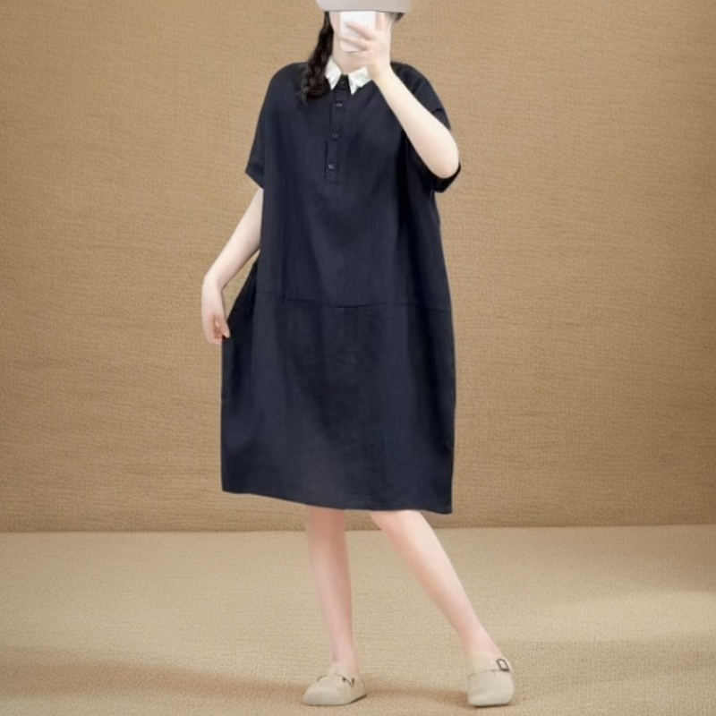 短袖连衣裙复古亚麻女式过膝裙大码夏装韩版纯色翻领夏季百搭宽松