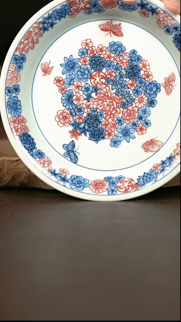 手绘 高温现代瓷  气窑 有暇 蝶恋花壶承17.5cm