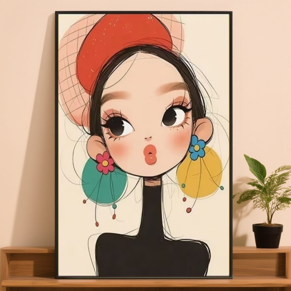 俏皮多巴胺女孩治愈装饰画ins可爱卡通儿童房卧室床头壁挂画Q14