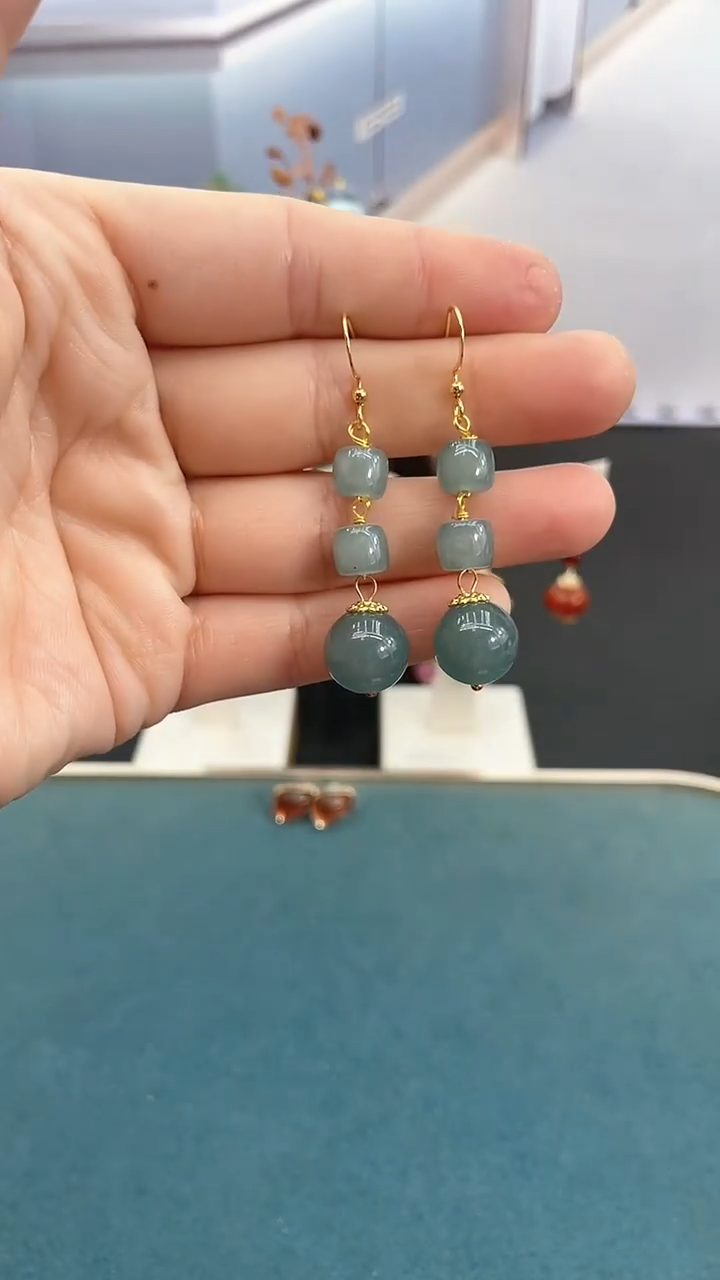 未镶嵌翡翠耳饰12mm蓝水三珠耳钩