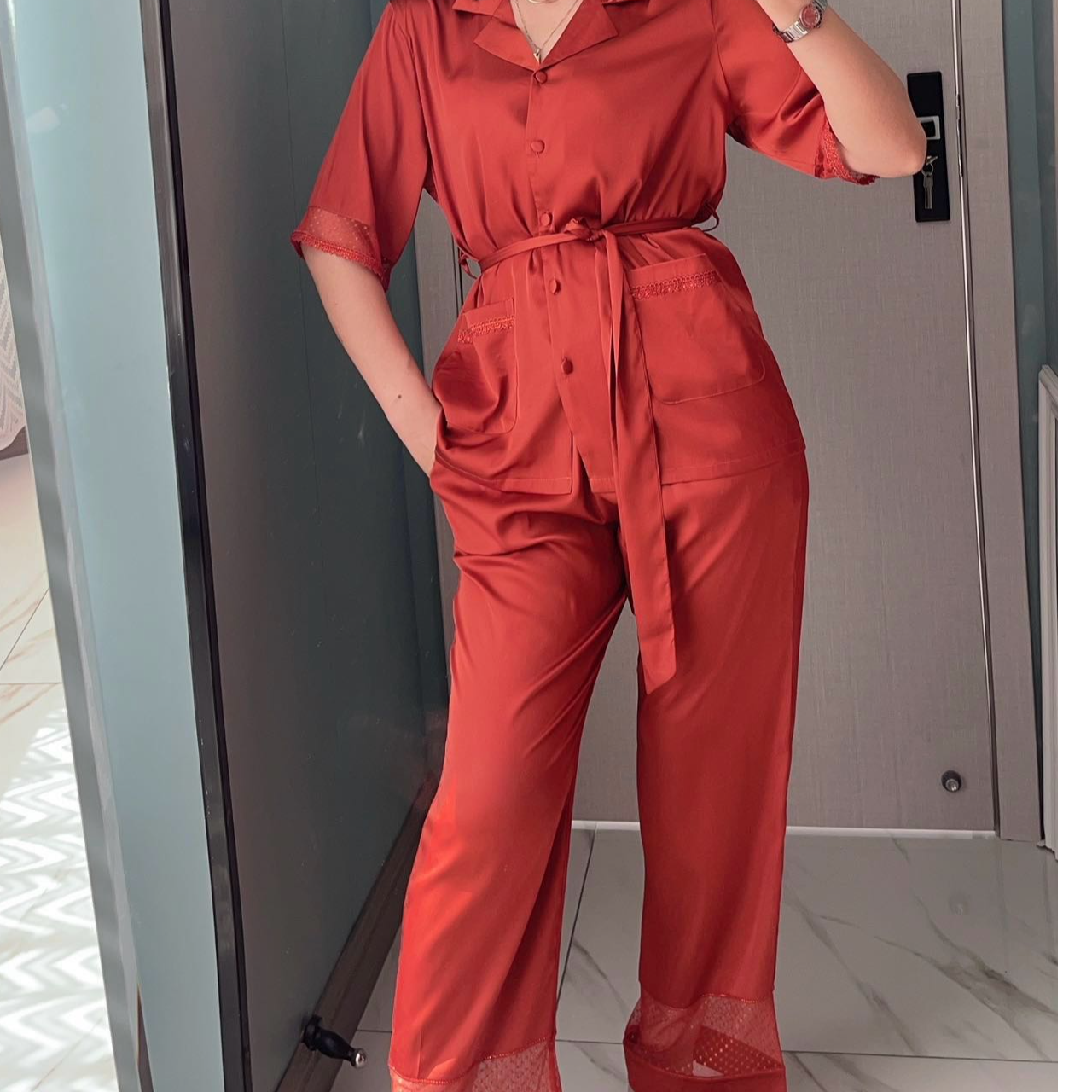 xarifa冰丝烫钻女士系带睡衣两件套气质休闲春夏49011