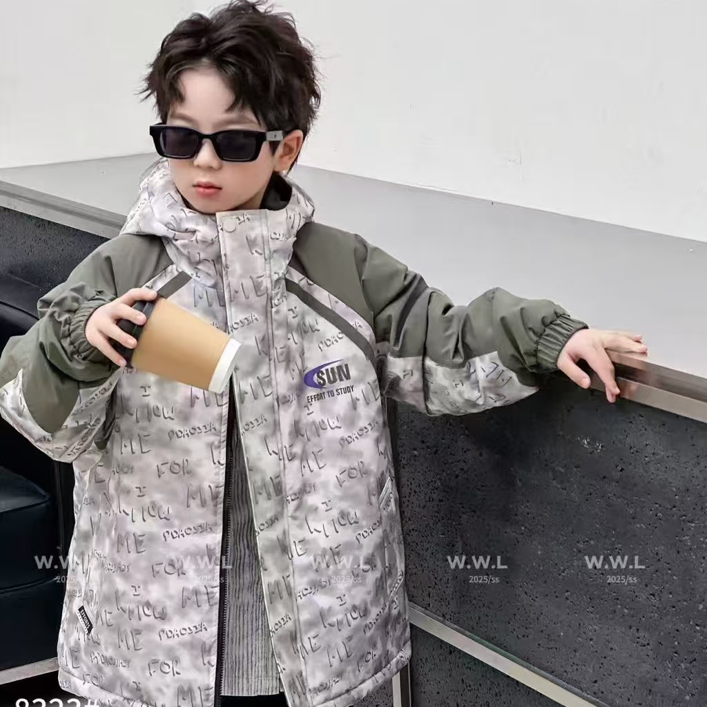 青少年拼接字母印花连帽派克服外套 8323#（140-170）