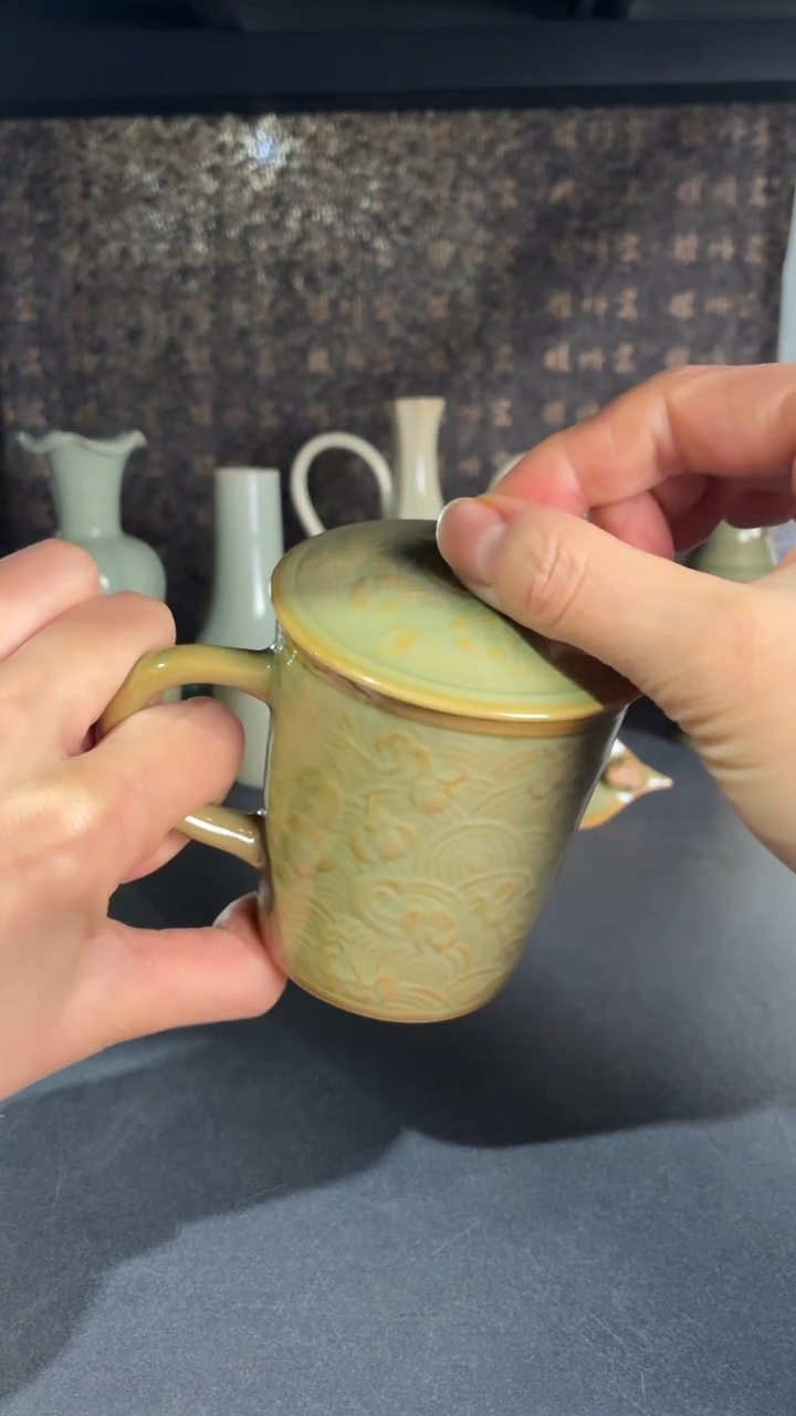 耀州窑仰山微瑕落花流水咖啡杯带盖