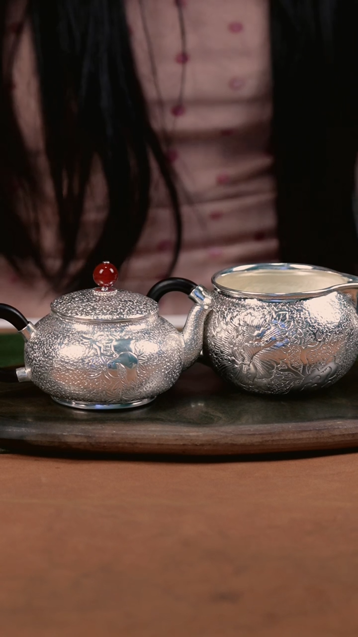 手工新品银壶999+牡丹公道银杯999