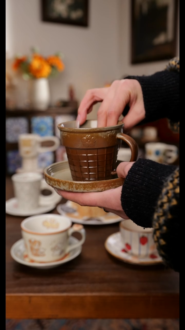 陶瓷便携款粗陶复古手作杯碟 