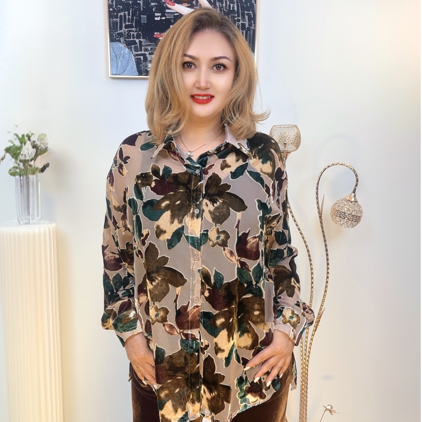 宽松型长款圆领长袖打底衫蕾丝夏季上衣雪纺衫衬衫印花中老年