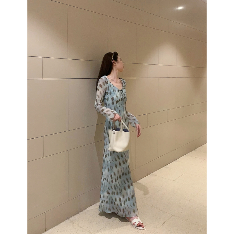 清仓 夏日私语/加长斜裁性感优雅气质连衣裙不规则碎花长裙 SU064