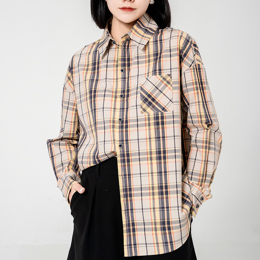 GIRDEAR/哥弟新款时尚百搭单排扣纯棉经典格纹长袖衬衫女 1300868