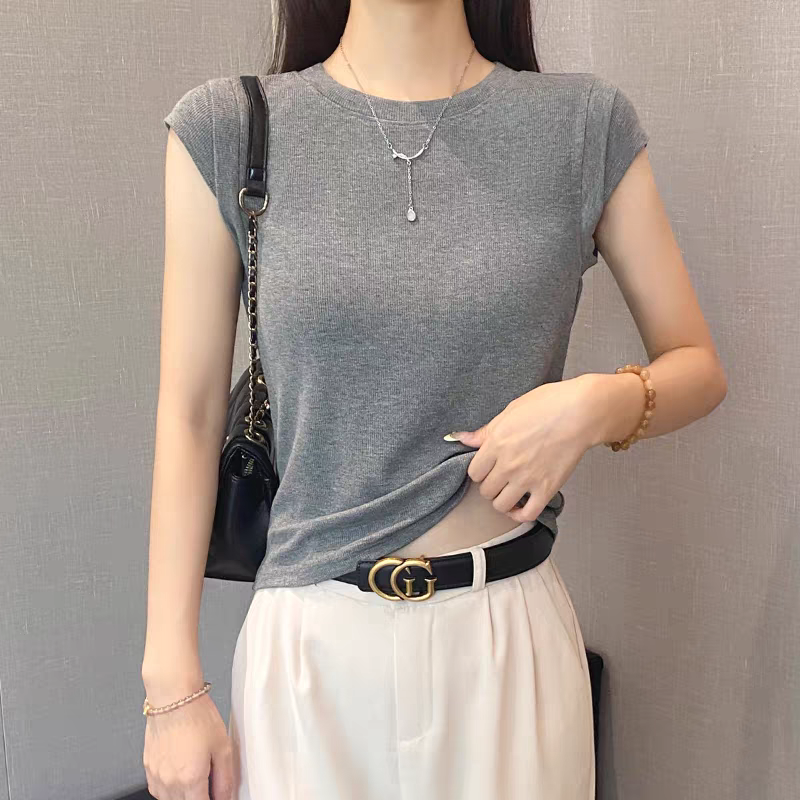 【专柜正品】螺纹圆领短袖t恤女夏季修身打底衫百搭显瘦飞飞袖上衣