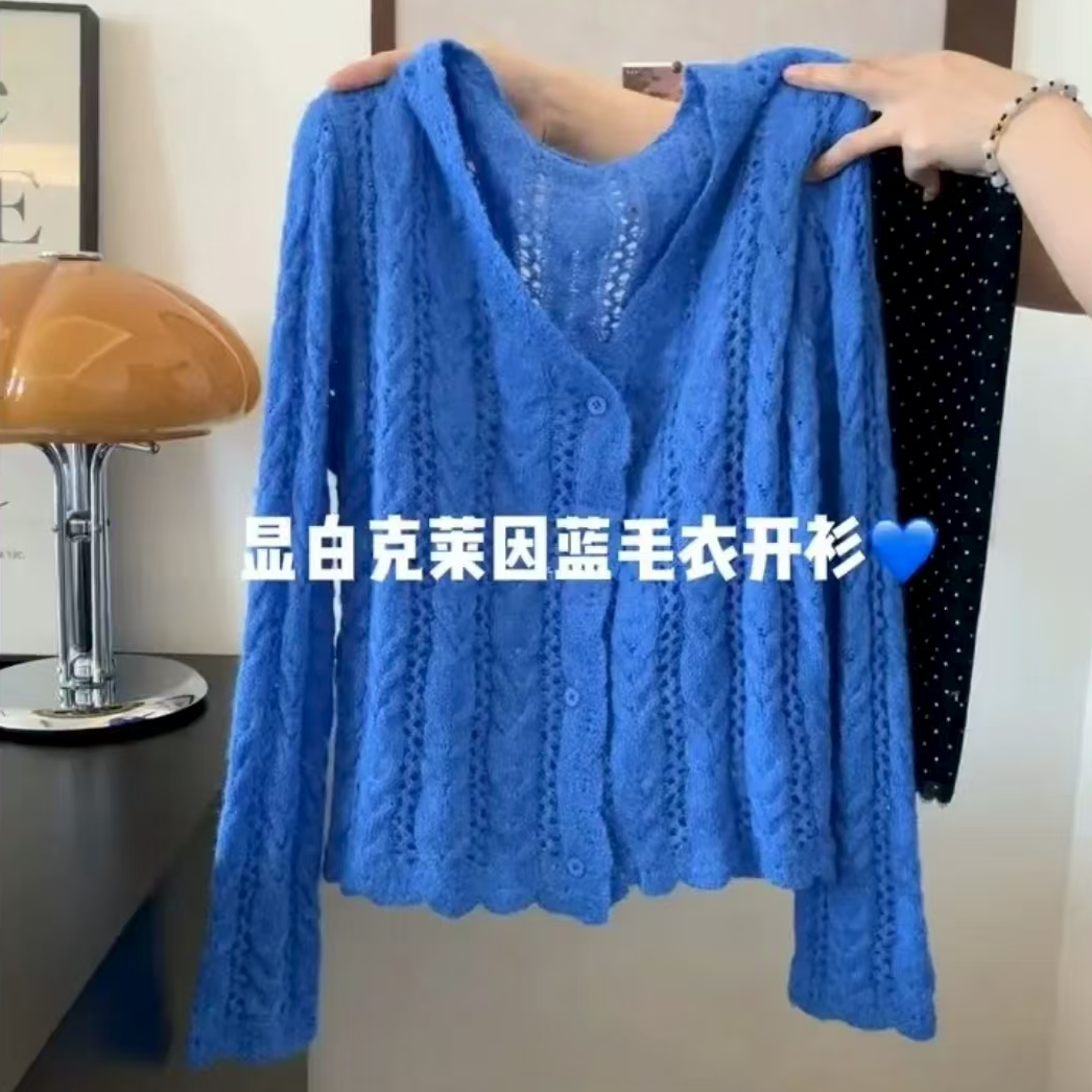 镂空麻花设计感蓝色显白长袖针织女2025秋季温柔慵懒风开衫上衣