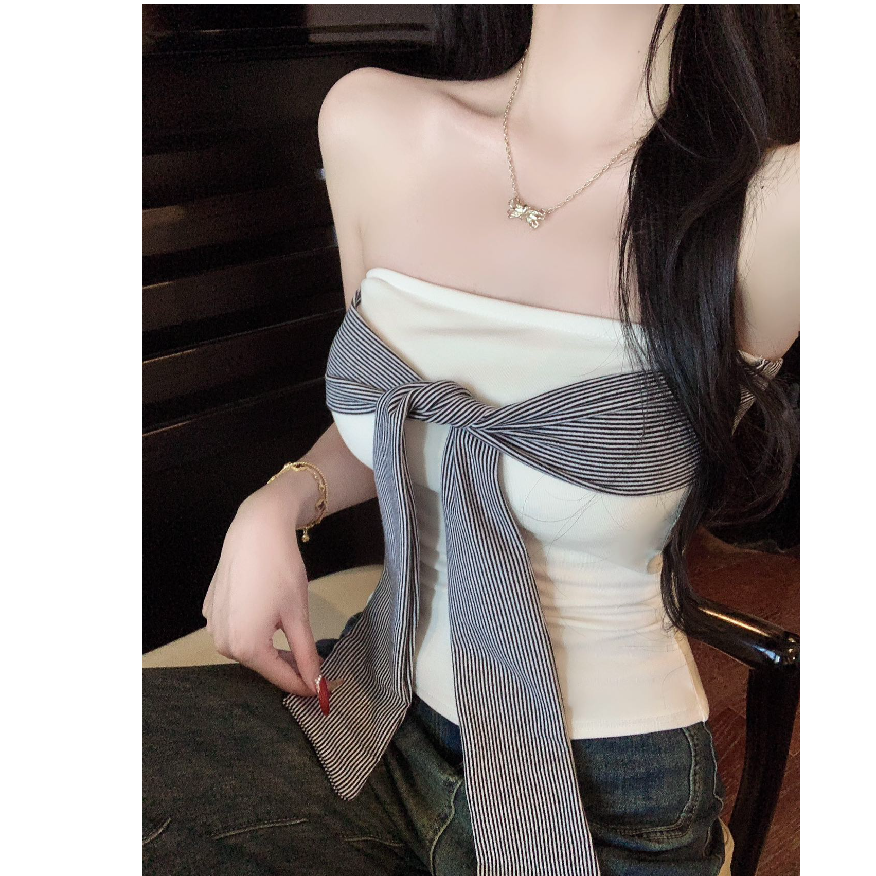 绑带条纹设计感吊带背心内搭女夏季泰式辣妹一字肩抹胸防滑条美背