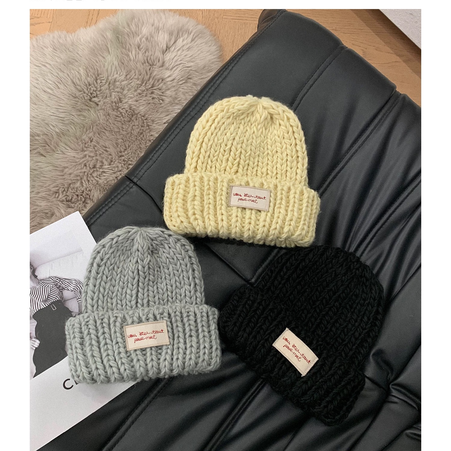 2025年帽子女粗针织毛线帽秋冬季百搭大头围黑色宽松ins潮显脸小