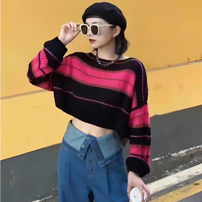 【商场同款】2025百搭宽松气质显瘦短款条纹羊毛衫女衣时尚5399571