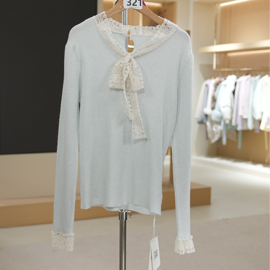 952-369  兰  气质法式蕾丝蝴蝶结时尚百搭长袖针织衫