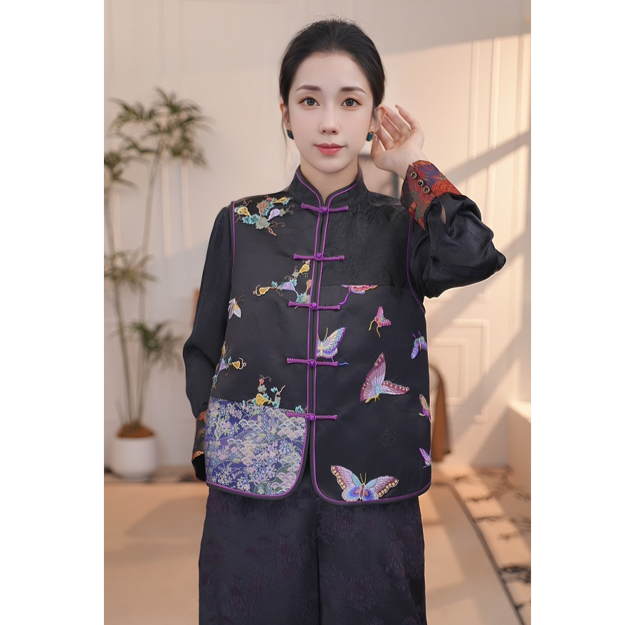 【漫舟】新中式轻奢中国风黑色桑蚕丝宋锦马甲
