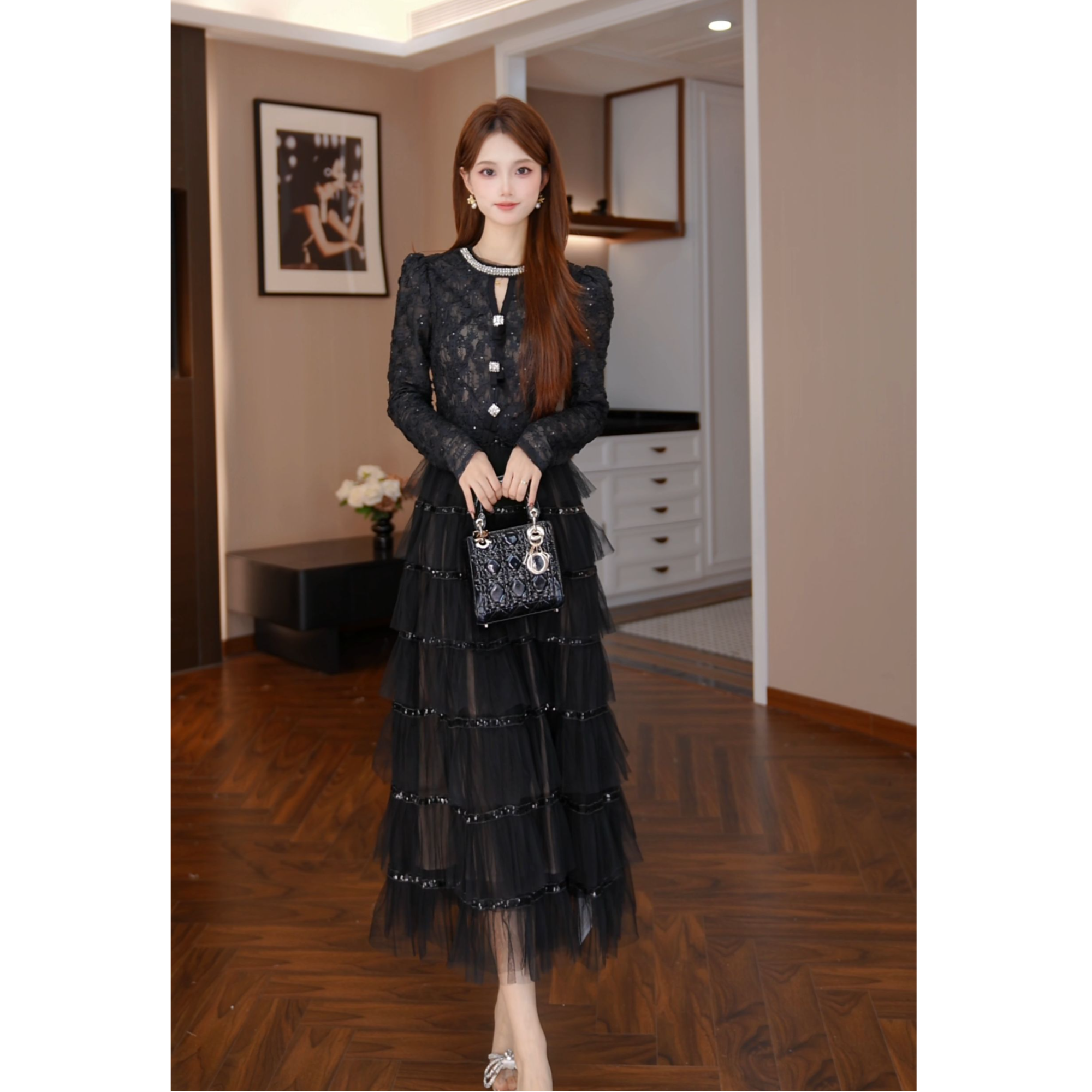 【媛一一定制】秋冬新款法式A字裙蕾丝收腰蛋糕显瘦连衣裙 45425