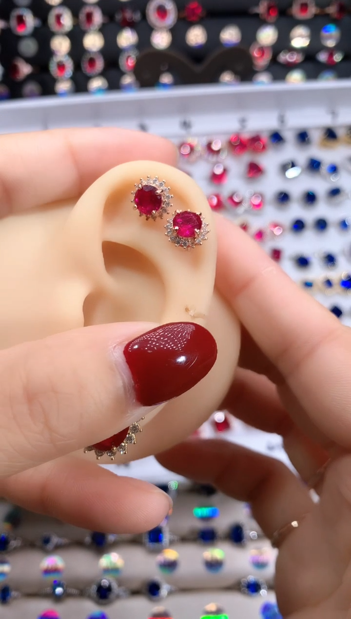 【闪购商品】红宝石耳饰银S925镶嵌玫瑰金