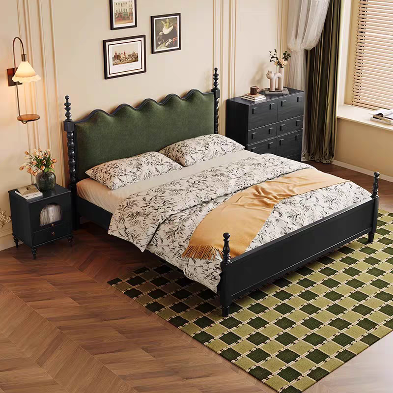 法式复古实木床1米8双人床美式轻奢主卧1.5米绿色软包单人床