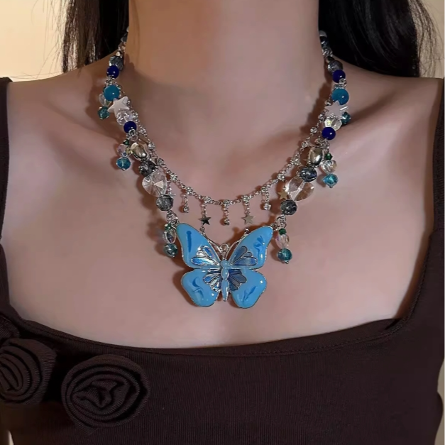 钛钢珐琅项链 A22蓝蝶华宴地中海风甜美多巴胺串珠蝴蝶星星项链