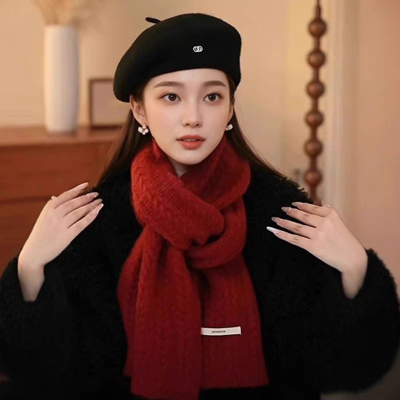 2025冬含羊毛安格拉红针织围巾女高级感加厚保暖防寒新款围脖披肩