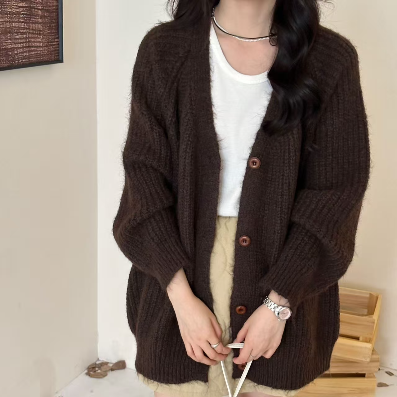 复古慵懒风宽松软糯中长款针织开衫女秋冬休闲粗针厚毛衣外套上衣