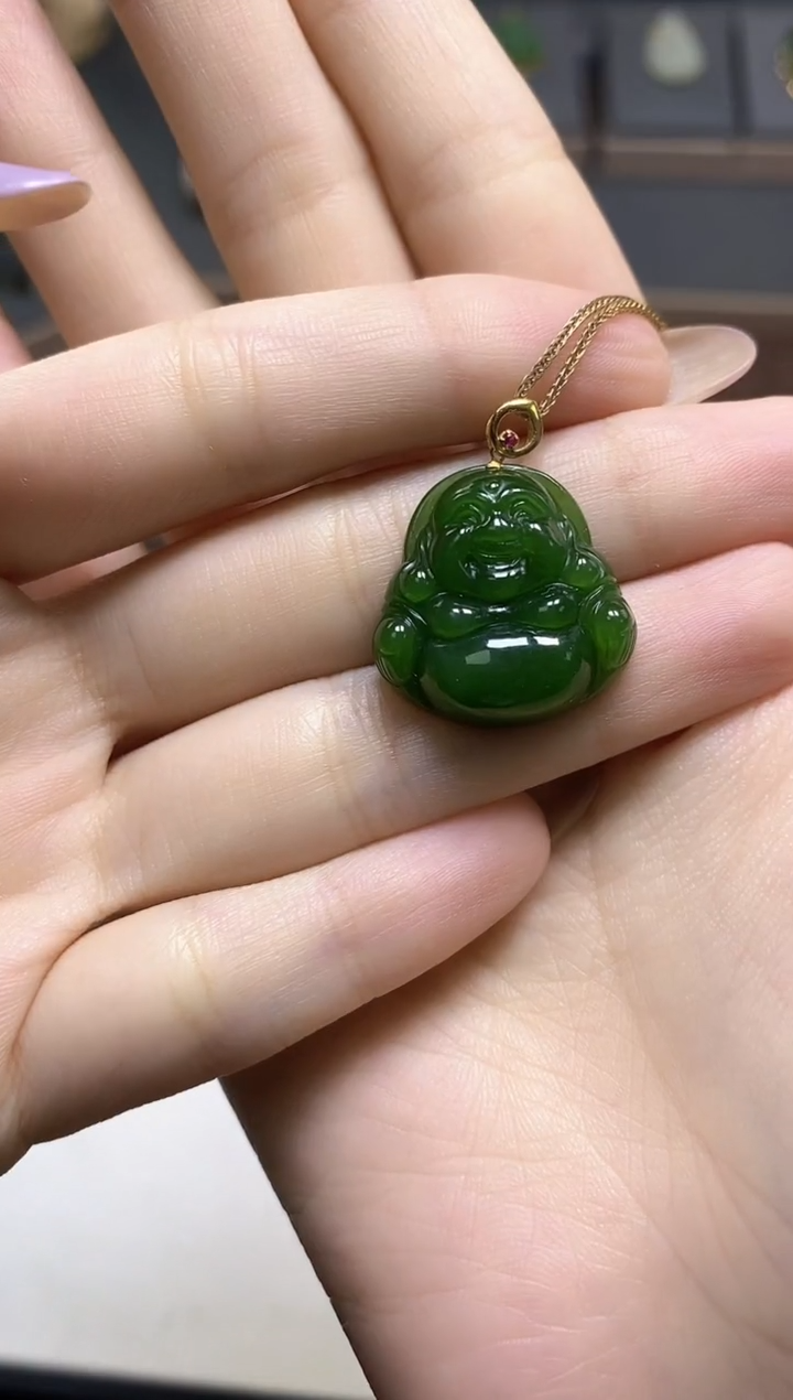 和田玉18K金镶嵌颈饰天然和田玉碧玉佛公