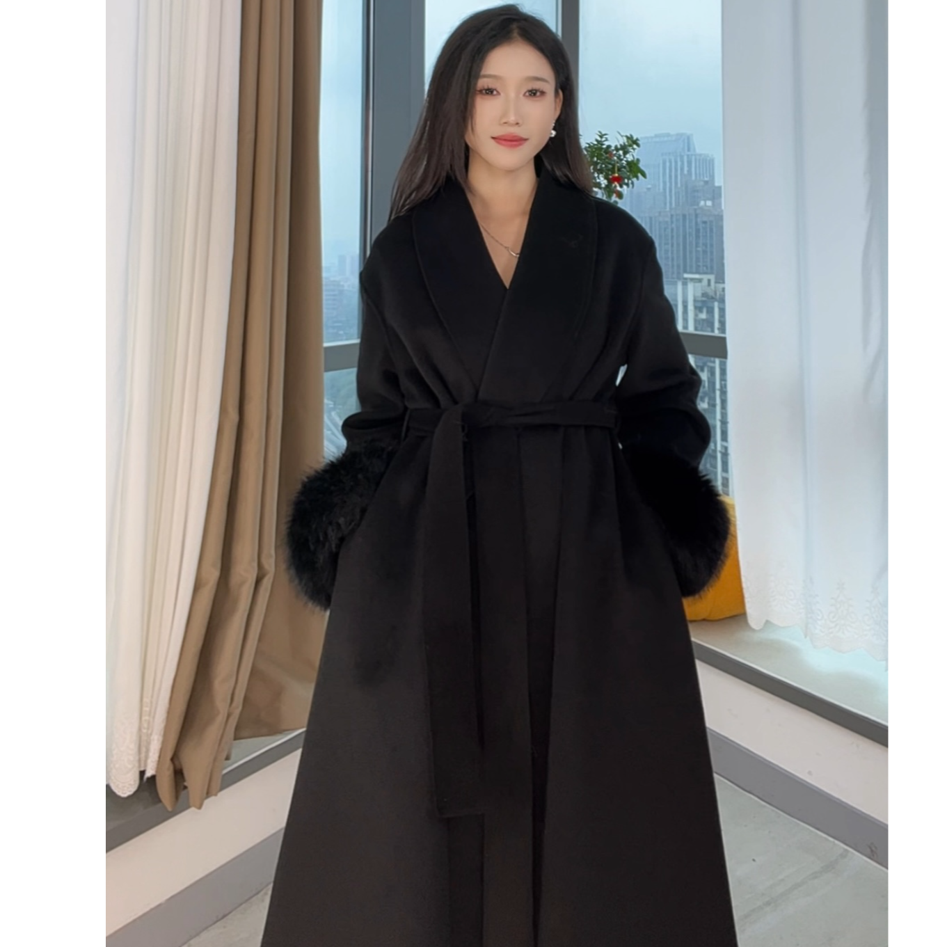 【祖力】秋冬加厚中长款冬季慵懒风气质百搭女毛呢羊毛大衣+大毛领