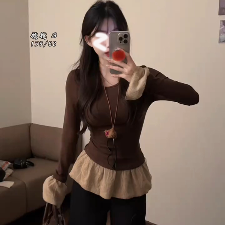 女秋季甜辣设计感芭蕾风花边拼接长袖t恤小众修身内搭打底衫上衣