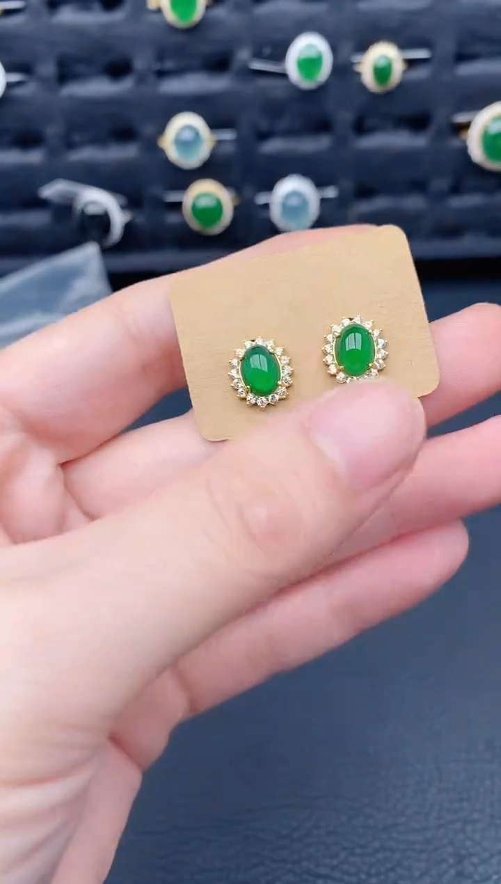 银S925镶嵌翡翠耳饰天然a货翡翠569