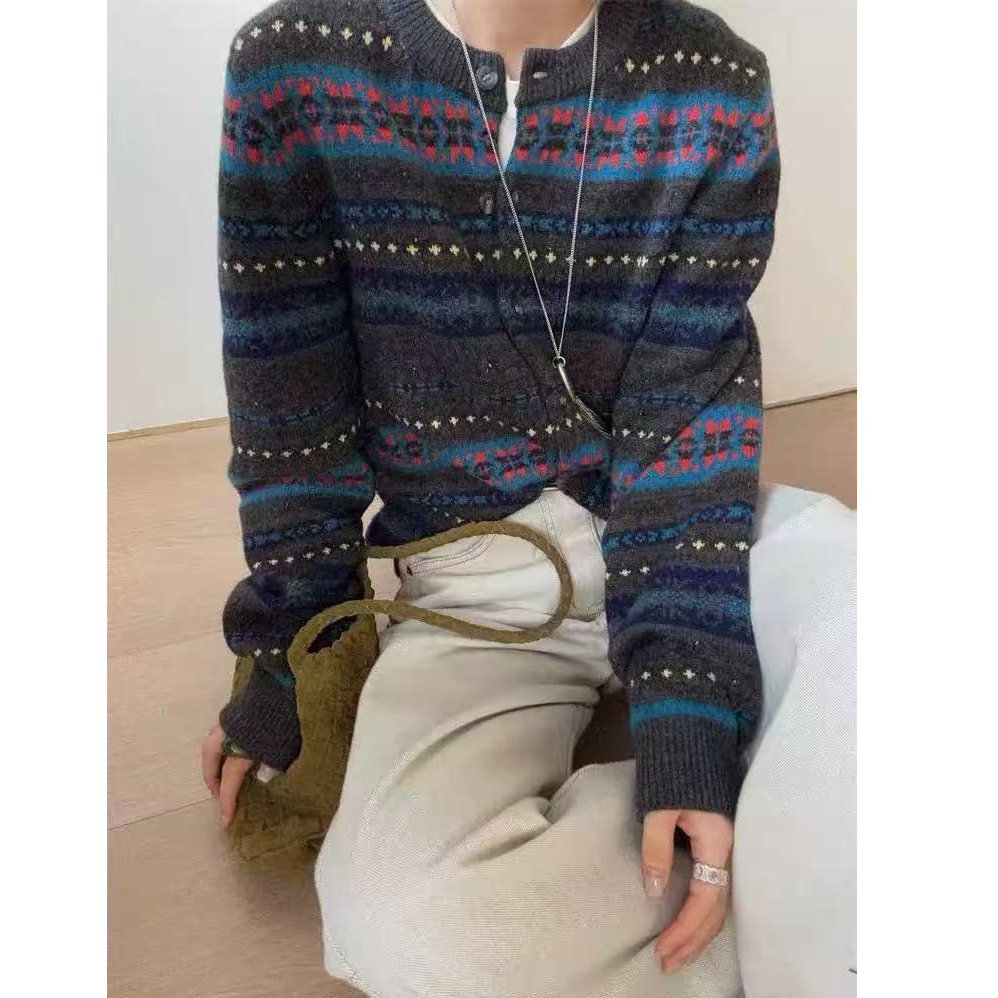 费尔岛女单排扣北欧风打底毛衣针织衫开衫显瘦外套