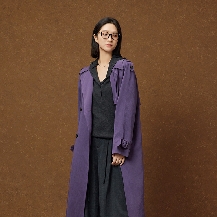 美洋MEIYANG【周三特惠】紫藤风衣彩色通勤皱感双排扣宽松长款外套