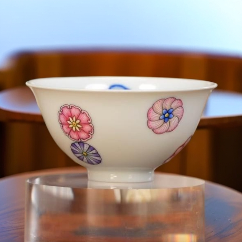 【墨舍名窑】一儒堂青花加彩皮球花敞口杯yrt1224 陶瓷纯手工手绘