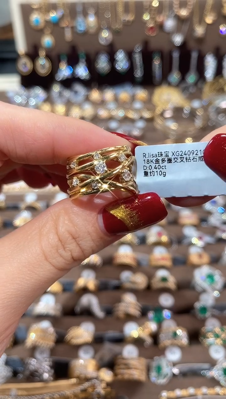 【闪购商品】钻石戒指/指环18K金镶嵌18K金多圈交叉钻石戒指13#