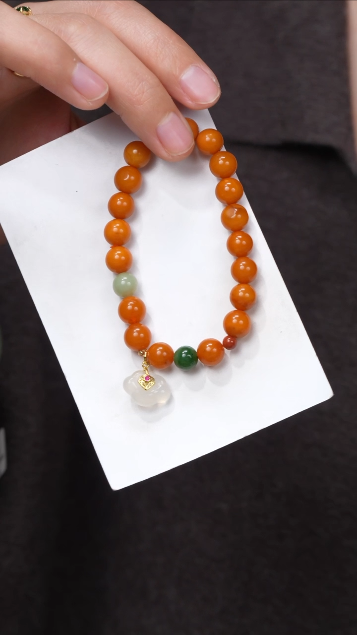 【闪购商品】蜜蜡手链银S925镀金镶嵌蜜蜡手串