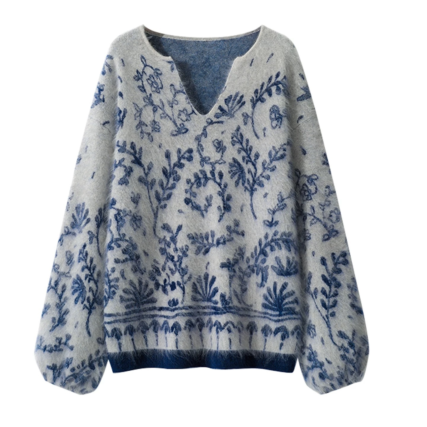 【今•禧】山羊绒羊毛拉绒青花瓷女V提花针织衫套头宽松毛衣打底衫