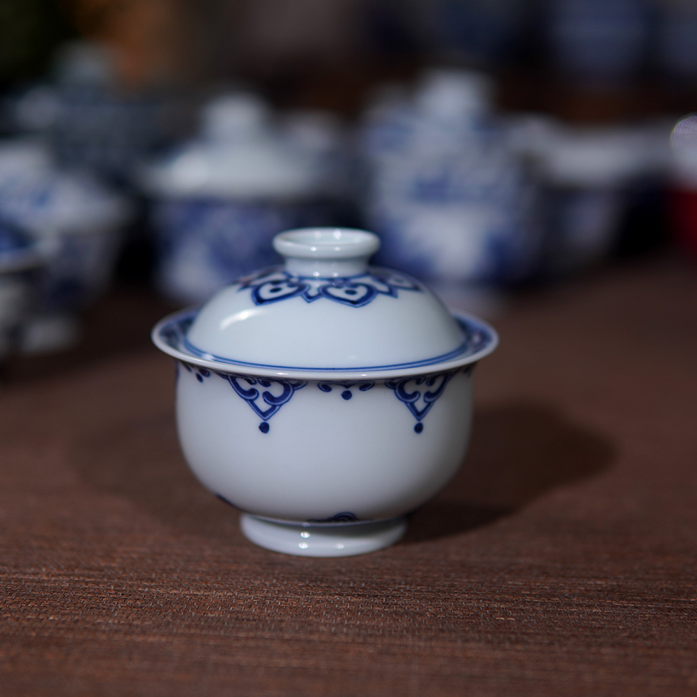 JM127全手工全手绘柴窑青花星空宝相布袋盖碗-120毫升