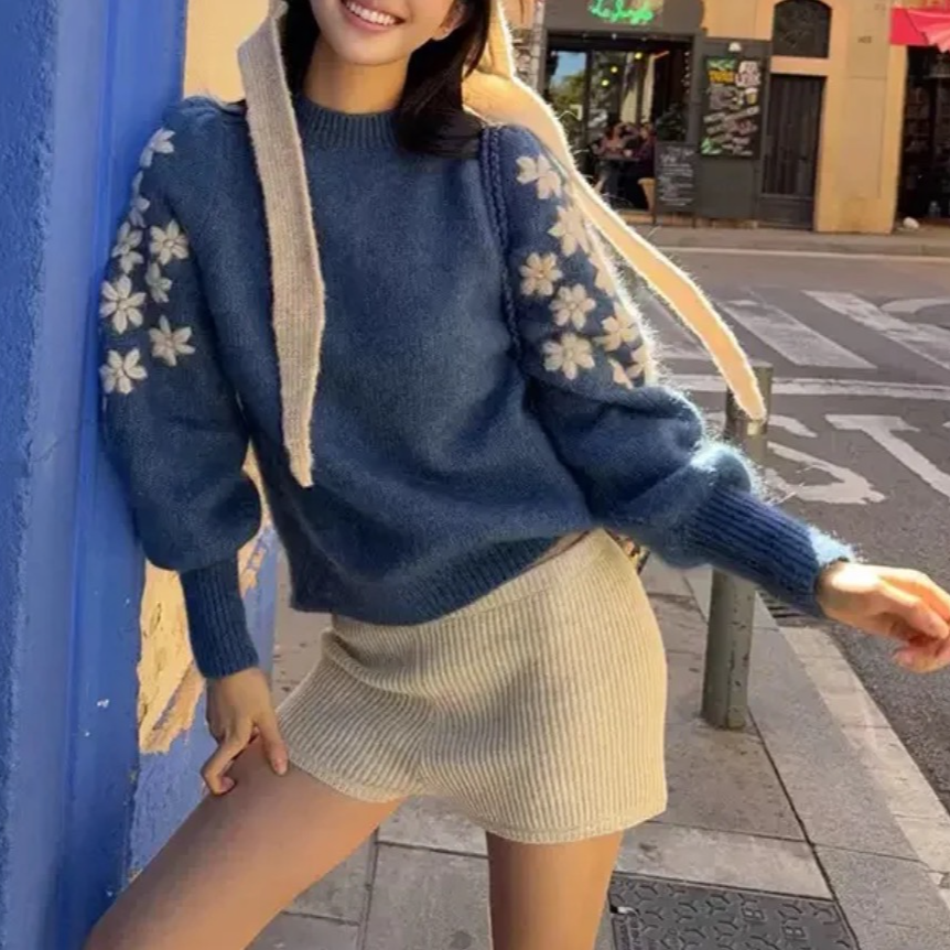 【深海蓝绒】秋冬手工绣立体花朵针织衫圆领毛衣上衣女.D2498